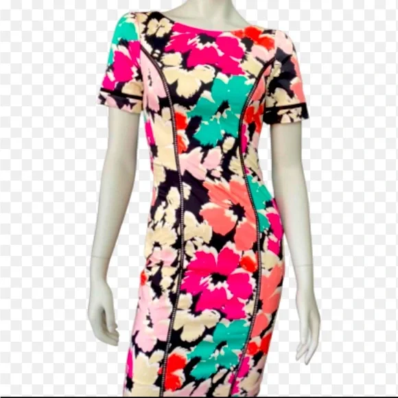 Review Women Dress Size 14 Multicoloured Floral With Black Waist Belt V Back - Picture 6 of 9